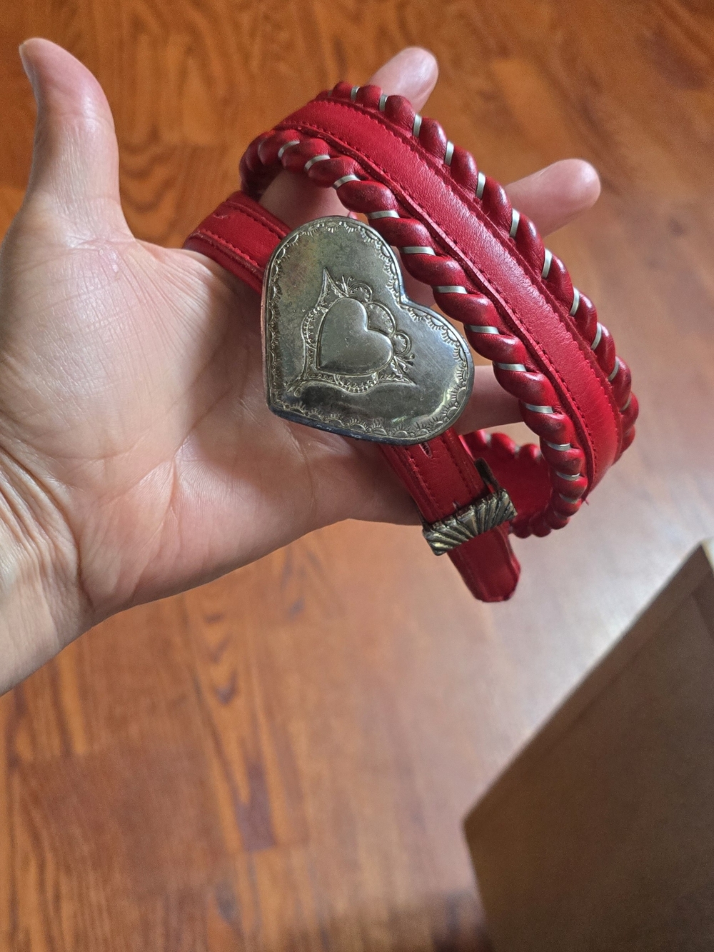Vintage Dun Dee Red Full Grain Leather Belt Size 26 Braided Silver Heart Buckle